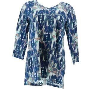 LOGO Lori Goldstein Cotton Slub Printed Top V-Neck Blue Size XS New A290505